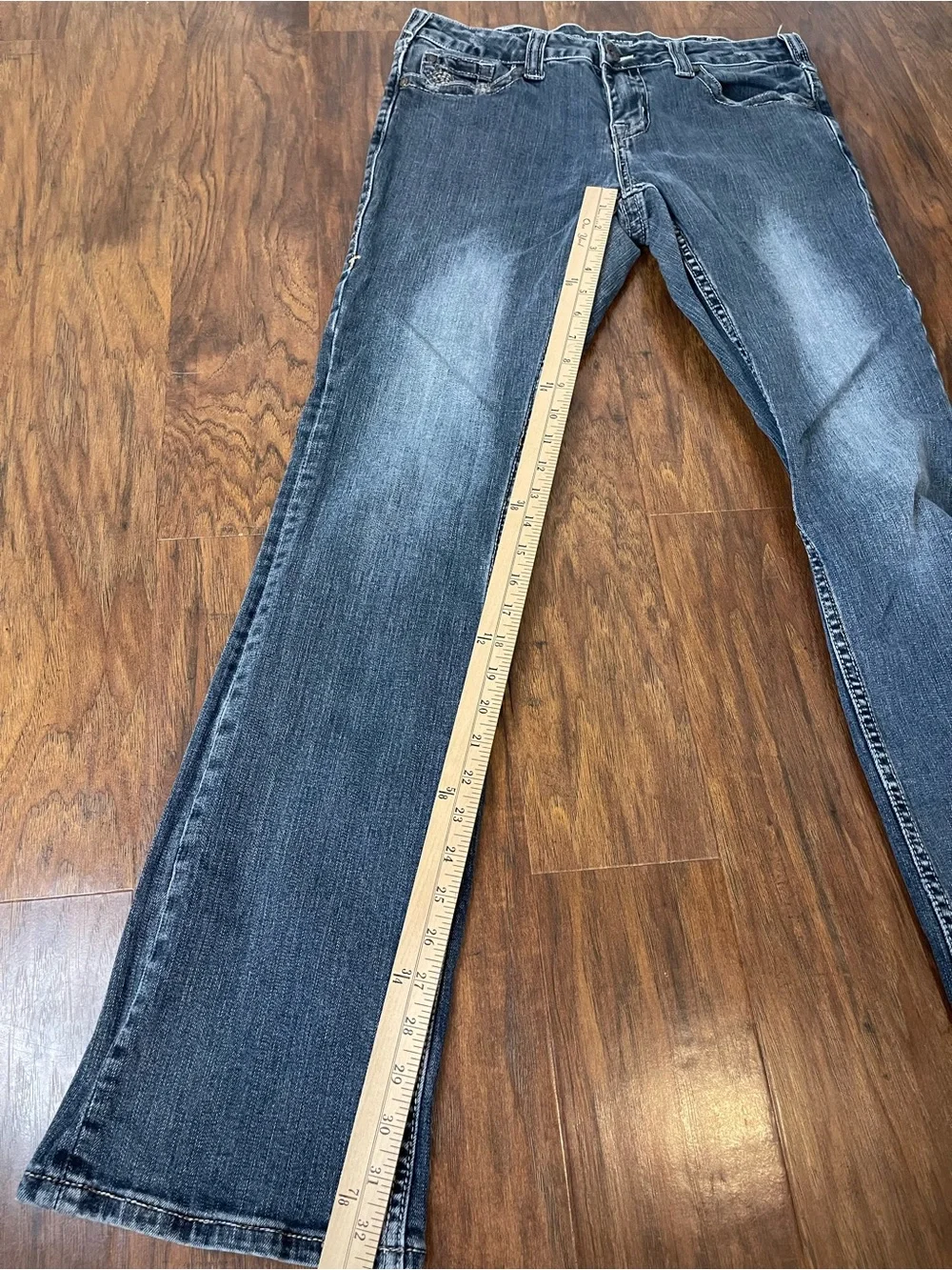 Cowgirl Tuff Dont Fence Me In Dark Wash Bootcut Jeans Gold Stitching 31x35